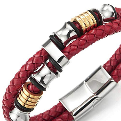 COOLSTEELANDBEYOND Mens Double-Row Braided Leather Bracelet Bangle Wristband with Black Stainless Steel Ornaments - color: D-Red Silver