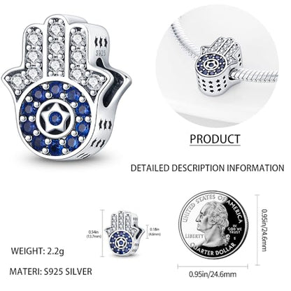 LNQOBU 925 Sterling Silver Charms for Bracelets Necklaces,5A Cubic Zirconias Evil Eye Dangle Beads Charms Jewelry Gift for Women (With one Spacer Beads Charms) - style: Fatima's Hand Bead Charm