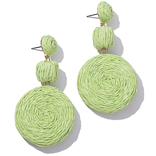 Statement Raffia Boho Round Dangle Ball Earrings - Cute Handmade Summer Bohemian Dangling Jewelry for Women - color: Lime Green