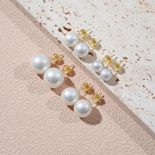 4 Pairs Pearl Stud Earrings, 14K Gold Plated Silver Posts Hypoallergenic Round Simulated Large Pearls, 8mm/10mm/12mm/14mm Stud Earring Set for Women