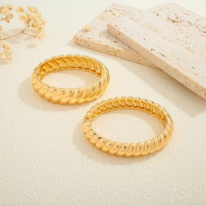 2PCS Chunky Gold Bangle Bracelets for Women Statement Hinged Open Thick Wrist Wrap Bracelet Stackable Bracelet Trendy Jewelry for Party Summer