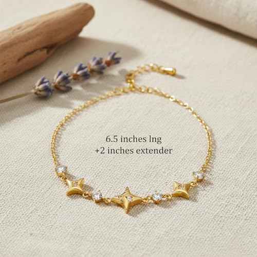 Sonateomber Dainty Gold Silver Star Bracelets for Women, Sparkly Trendy CZ Rhinestone Adjustable Link Chain Elegant Cute Celestial Bracelet Prom Wedding Accessories Fashion Jewelry Gift - color: Gold