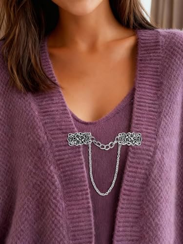 Vintage Sweater Shawl Clip Chain Antique Retro Cardigan Dress Cloak Collar Lapel Brooch Pin With Hanging Chain Rose Flower Leaf Pearl CZ Shirt Suit Holder Clasp Accessories Gift for Women Men