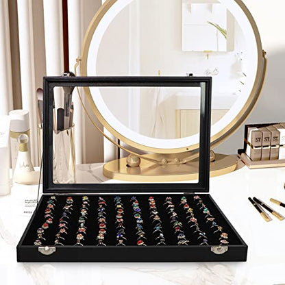 Wudygirl Ring Holder Leather Jewelry Tray with Lid 13.7"x9.4" Black | 100 Slot Ring Organizer with Velvet Liner, Ideal for Jewelry Storage, Dresser Drawer or Gift, Dustproof Design - style: 100 Slot Ring Tray
