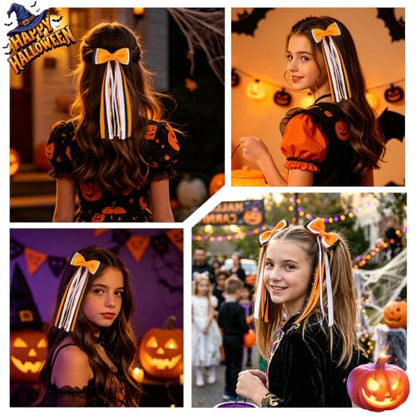 2PCS Halloween Long Tail Hair Bow Clips Grosgrain Sequins | Grosgrain Fabric, Sequin Strands, Alligator Clip with Fabric Wrap, Ponytail Styling, Halloween Party Photography Accents - color: Orange & Black