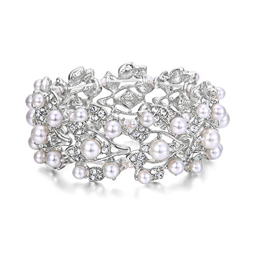Crystal Cream Faux Pearl 1920s Vine Leaf Wedding Stretch Bracelet for Women | White Rhinestone Bridal Prom Jewelry - color: Silver-Plated-Base