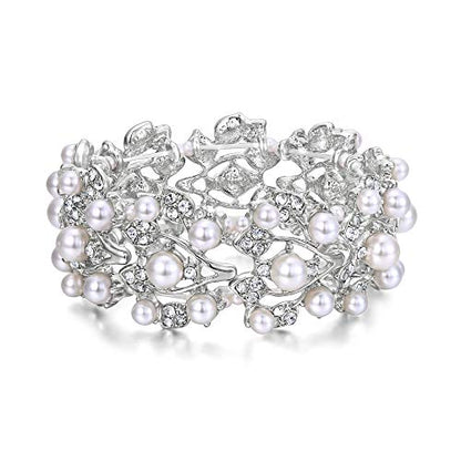 Crystal Cream Faux Pearl 1920s Vine Leaf Wedding Stretch Bracelet for Women | White Rhinestone Bridal Prom Jewelry - color: Silver-Plated-Base