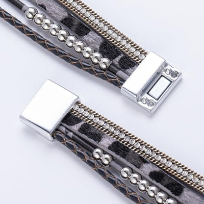 Chunky Boho Leather Wrap Bracelets Cowgirl Beaded Circle Western Jewelry | Stackable Infinity Layered Bohemian Magnetic Clasp Cuff Statement Fashion Colorful Country Hippie Outfits for Women Trendy - color: Grey Leopard