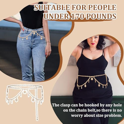 Gold Waist Chain, Sun Moon Star Waist Chain | Decorative Metal Belt for Women Jeans Pants Dresses - Fits Size 23-45 inch