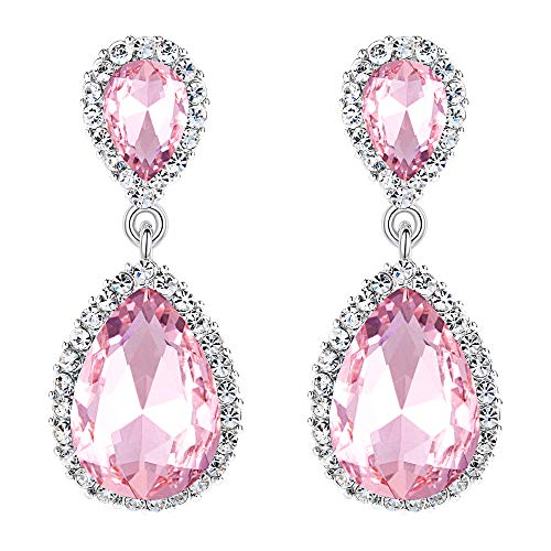EVER FAITH Women's Austrian Crystal Wedding Tear Drop Dangle Earrings | Bridal Prom Jewelry for Bride Bridesmaid - color: Pink Silver-Plated-Base