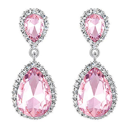 EVER FAITH Women's Austrian Crystal Wedding Tear Drop Dangle Earrings | Bridal Prom Jewelry for Bride Bridesmaid - color: Pink Silver-Plated-Base