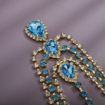 Bohemian Full Gold Rhinestone Chain Blue Crystal Head Chain Clip Drop Pendant HeadPieces Forehead Headband Hair Accessories for Wedding Brides Party Prom Costume (Gold Blue) - color: Gold Blue