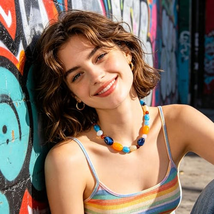 YUJIE Chunky Heart Pendant Necklace for Women- Exaggerated Statement Puff Heart Necklace with Acrylic Beaded Chain - color: A-Multicolour Blue