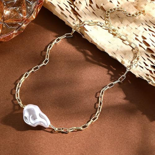 Chunky Pearl Necklaces for Women Chunky Baroque Pearl Beaded Gold Chain Link Pearls Pendant Necklace White Pearls Necklace Valentine's Day Jewelry Gifts Party Prom Birthday Outfits Accessorie - style: Golden Chain One Pearl