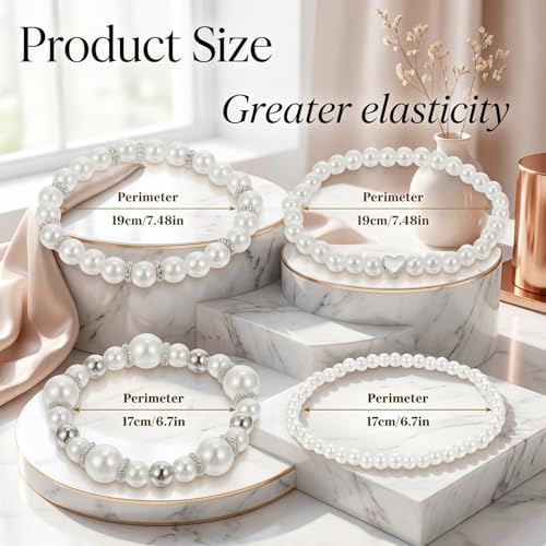 4 Pcs Pearl Bracelets for Women, White Simulated Pearl Beaded Bracelet Set, Stretch Stackable Faux for Women, Elegant Bridal Jewellery