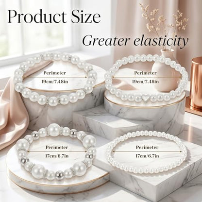 4 Pcs Pearl Bracelets for Women, White Simulated Pearl Beaded Bracelet Set, Stretch Stackable Faux for Women, Elegant Bridal Jewellery