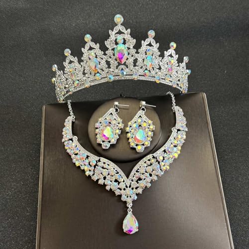 Crowns and Tiaras jewelry sets for Wedding princess birthday party Halloween Prom Pageant Jewelry for Women Crystal Bridal Jewelry Set for women - color: Silver AB