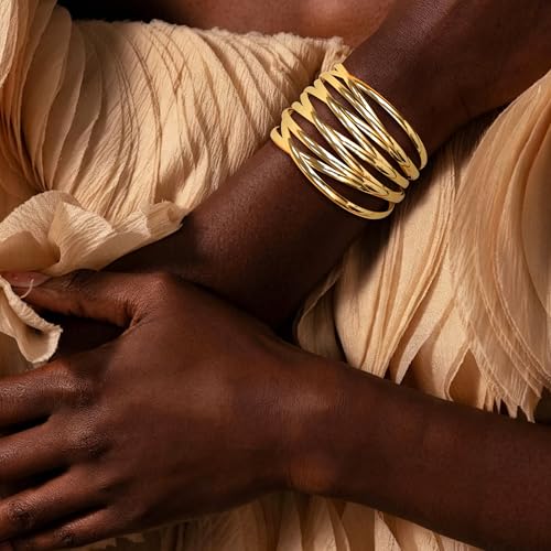 4Pcs Chunky Gold Cuff Bracelects for Women Gold Bangles Irregular Minimalist Statement Bangle Bracelets Set Open Wide Bangle Upper Arm Cuff Jewelry - color: Gold-A