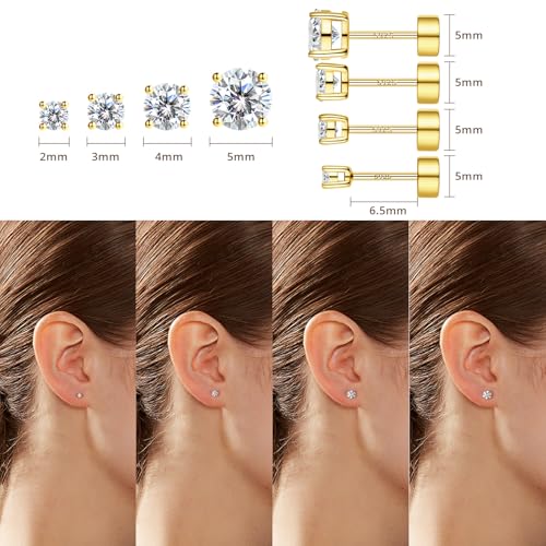 4 Pair Moissanite Stud Earrings,Flat Back Earrings for Women | 14K/White Gold Plated S925 Sterling Silver Flat Back Earrings Set, Hypoallergenic Cartilage Piercing Jewelry - color: 14K Gold