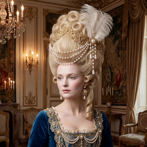 2Pcs Victorian Hair Accessories for Women, 18th Century Renaissance Queen Ostrich Feather and Pearl Tassel Barrette Clips, Marie Antoinette Blonde Beehive Costume Jewelry