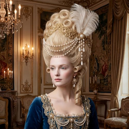 2Pcs Victorian Hair Accessories for Women, 18th Century Renaissance Queen Ostrich Feather and Pearl Tassel Barrette Clips, Marie Antoinette Blonde Beehive Costume Jewelry