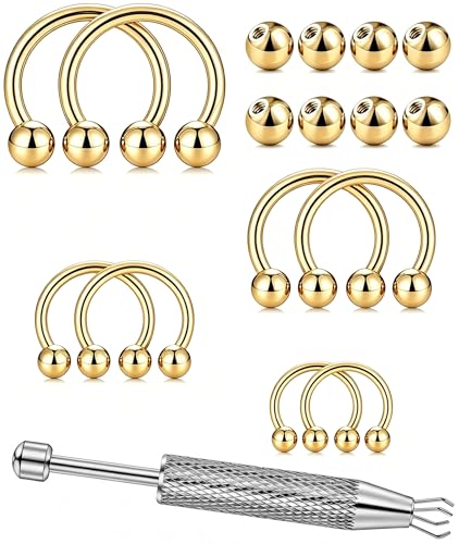 Oufksiyy 16G Horseshoe Septum Rings 6/8/10/12mm with Tool & Ball Grabber,Hypoallergenic for Nose,Rook,Cartilage,Helix,Lips-Silver Gold 316L Surgical Steel Septum Piercing jewelry - color: 14K Gold Plated Tone-16 G(1.2MM)