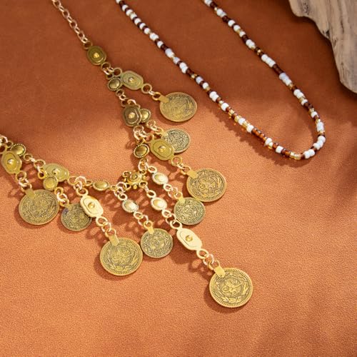 Layered Coin Pendant Necklace for Women, Gold Beaded Boho Statement Necklace, Vintage Disc Charm Collar Necklace, Festival Vacation Jewelry