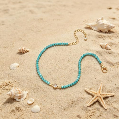 Raicegs Anklets for Women Handmade Beach Boho Ankle Bracelet 3mm Natural Stone Beaded Ankle Bracelet 14K Gold Plated Zircon Pendant Adjustable Crystal Gemstone Anklet Jewelry Gift for Her - color: Turquoise