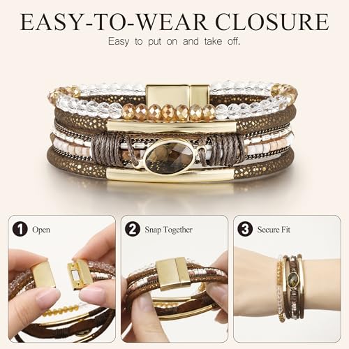 Edoneery Leather Wrap Bracelets for Women, Boho Layered Cuff Bangle | Multi-layer Leather Cuff, Daily wear, Stackable Bangle, Easy on-off, Western Jewelry Gifts for Women - color: Brown-2