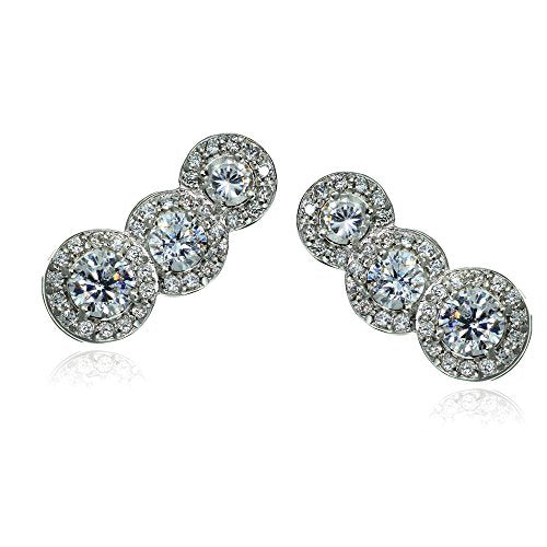 Sterling Silver Cubic Zirconia Three Stone Halo Crawler Climber Hook Earrings