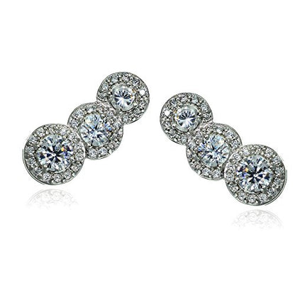 Sterling Silver Cubic Zirconia Three Stone Halo Crawler Climber Hook Earrings