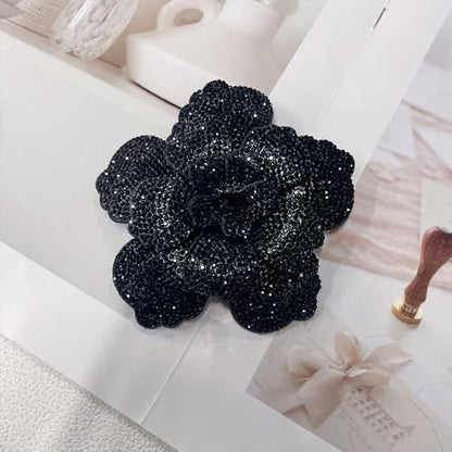 Rhinestone Flower Brooch Pin for Women Men Elegant Sparkly Crystal Camellia Floral Lapel Pins Shawl Dress Suit Clothes Accessories Wedding Party Fashion Jewelry 105mm - color: Black