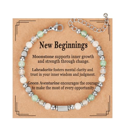 Natural Healing Crystal Bracelet for Women, Triple Protection Anxiety Relief New Beginnings Good Luck Empath Protection Jewelry Gift for Friends Daughter Mom 6.5+1.8 Inches - color: New Beginnings-S