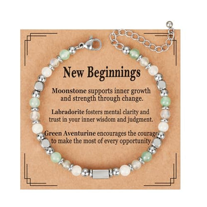 Natural Healing Crystal Bracelet for Women, Triple Protection Anxiety Relief New Beginnings Good Luck Empath Protection Jewelry Gift for Friends Daughter Mom 6.5+1.8 Inches - color: New Beginnings-S