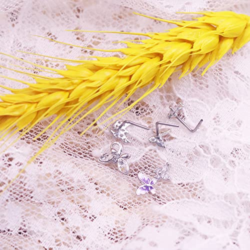 CZ Butterfly Flower Top L Bend Stud Nose Ring 20G L Shaped Nose Studs Nose Hoop Rings Nose Body Piercing for Women Mens - color: mix