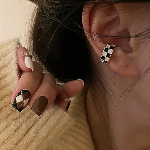Checker Cuff Wrap Cartilage Earrings for Women Non Pierced Ear Fashion Black White Enamel Fake Hoop Hypoallergenic Jewelry Gift