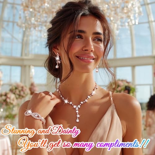 Silver Wedding Jewelry Sets Rhinestone Necklace Earrings Bracelet Set Prom Formal Costume Jewelry for Women and Brides - color: Rose Gold