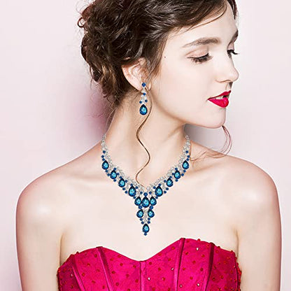 CSY Elegant Crystal Costume Jewelry Sets Flower Bridal Necklace Earrings Stretch Bangle Set for Bride Bridesmaid Wedding Dress Accessories - color: lake blue crystal-platinum tone