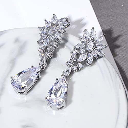 CZ Bridal Earrings for Wedding - 14k Plated Sterling Silver Elegant Teardrop Cubic Zirconia Crystal Rhinestone Floarl Leaf Cluster Chandelier Statement Dangle Drop Earrings for Bride Bridesmaids Party - color: Silver Tone