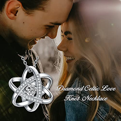 Natural Diamond Celtic Love Knot Necklace for Women,Endless Flower Pendant Necklace Set with 5mm Moissanite 925 Sterling Silver Jewelry Anniversary Valentine's Day Birthday Gifts for Her 18"+2" - color: White