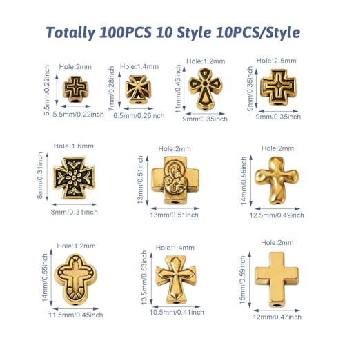 Craftdady 100 Pcs Tibetan Cross Beads - 10 Style Retro Alloy Crucifix Beads with Antique Golden Cross Spacers and Holy Charms for Jewelry Crafts - color: Antique Golden Cross