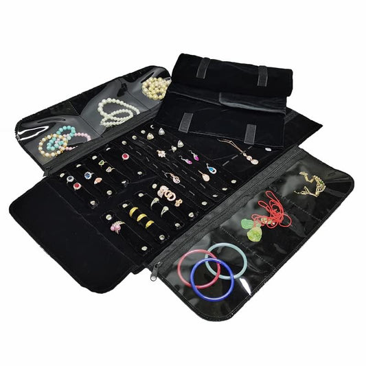 Velvet Travel Jewelry Case Roll Bag Organizer for Necklace Bracelet Earrings Ring - color: Black
