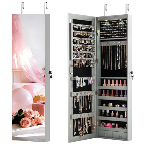 NAFORT 2 LEDs Mirror Jewelry Cabinet, 47.5-Inch Tall Wall or Door Mounted Jewelry Organizers and Storage with Frameless Full-length Mirror, Lockable Jewelry Armoire with 2 Drawers, Gray - color: Gray