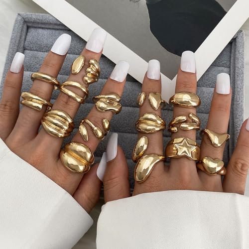 17IF 16 Pcs Chunky Gold Rings Set for Women, 14K Gold Plated | Classic Thick Adjustable Rings, Stackable Midi Finger Womens Stack Ring Pack for Jewelry Gifts - style: Golden-C