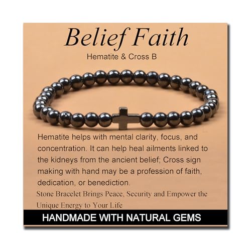 MASSIVE BEADS Handmade Yoga Stretch Elastic Bracelet Natural Stone Crystal Healing Power Energy Gifts for Unisex Adult 4mm 6mm 8mm 10mm - color: BELIEF FAITH(Hematite and Cross B), size: 6mm