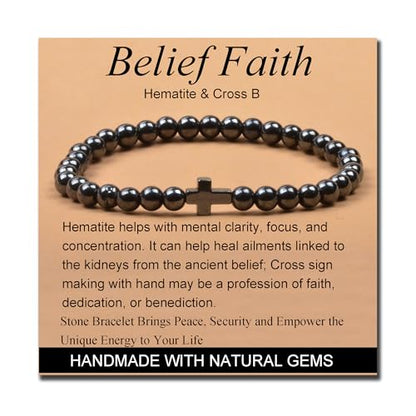 MASSIVE BEADS Handmade Yoga Stretch Elastic Bracelet Natural Stone Crystal Healing Power Energy Gifts for Unisex Adult 4mm 6mm 8mm 10mm - color: BELIEF FAITH(Hematite and Cross B), size: 6mm