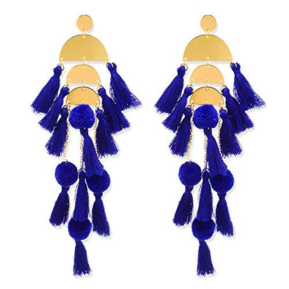 Long Tassel Earrings for Women Colorful Fringe Drop Dangle Earrings Bohemian Hawaiian Summer Beach Jewelry for Womens Vacation Outfits - color: Royal Blue