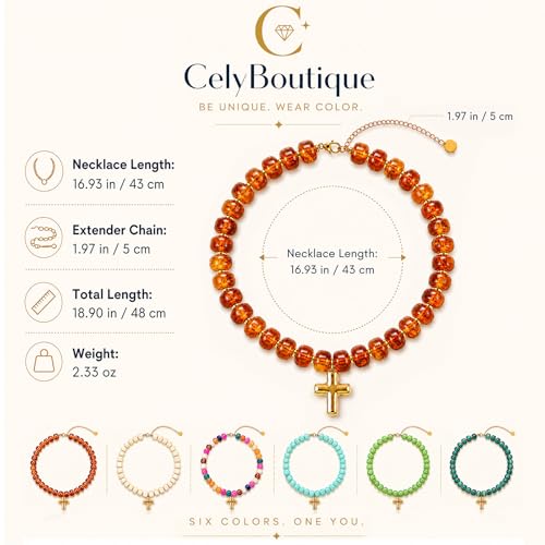 Colorful Resin Chunky Beaded Necklace for Women Modern Statement Choker Necklace with Gold Tone Cross Pendant Boho Summer Jewelry Gift - color: Amber Brown-1