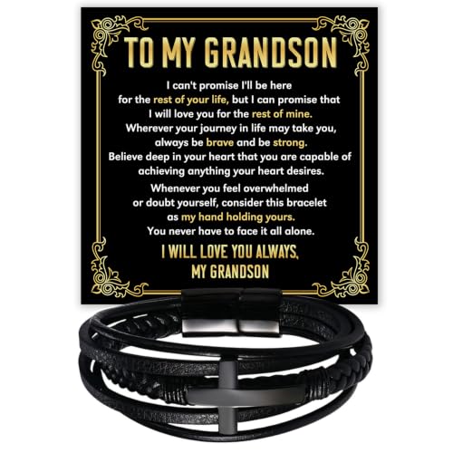 To My GrandSon Bracelet – Cross Braided Leather Bracelet, Meaningful GrandSon Gift from Grandpa & Grandma with Heartfelt Message Card & Elegant Gift Box for Birthday, Christmas, Graduation - color: Version#1