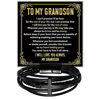 To My GrandSon Bracelet – Cross Braided Leather Bracelet, Meaningful GrandSon Gift from Grandpa & Grandma with Heartfelt Message Card & Elegant Gift Box for Birthday, Christmas, Graduation - color: Version#1